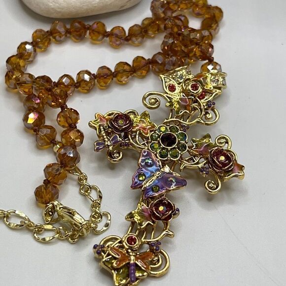 Kirks Folly Mother Earth Cross Pin/Pendant With Aura Autumn Beaded Necklace - Picture 1 of 7